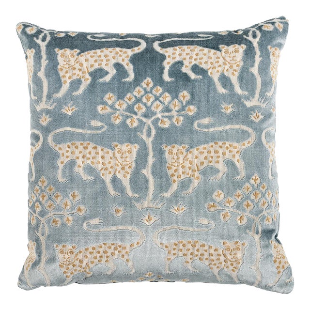 Schumacher Woodland Leopard Velvet 18" Pillow in Mineral For Sale