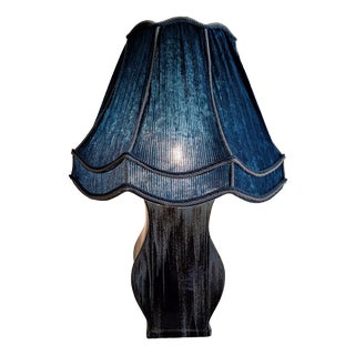 Large Vintage Blue-Grey Gradient Glazed Ceramic Table Lamp with Fabric Shade, 1970s For Sale