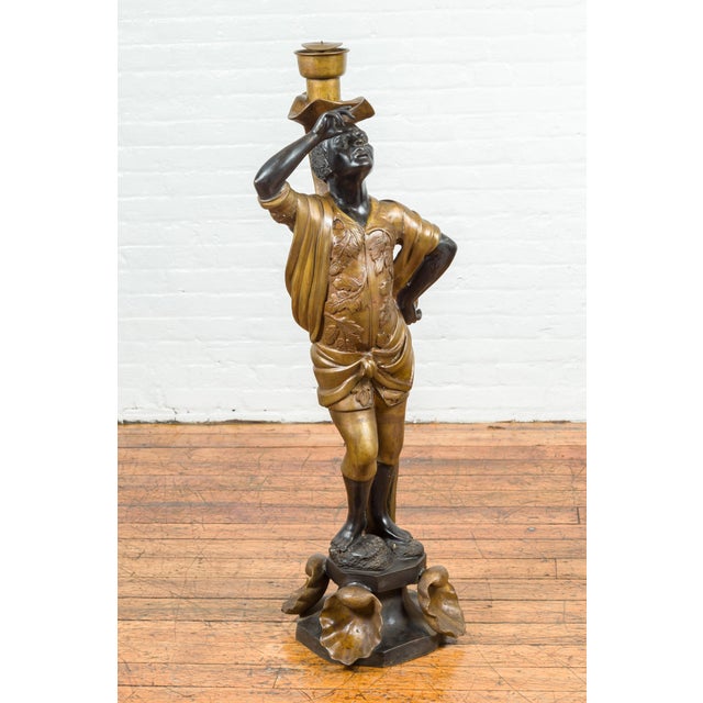 Vintage Bronze Candleholder Statue with Black and Gold Patina, on Shell Base For Sale - Image 11 of 12