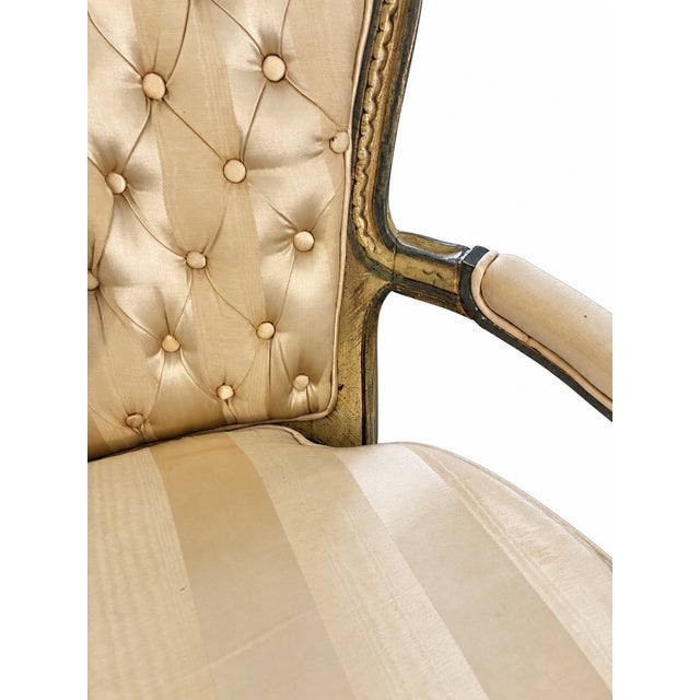 Cream Louis XV–Style Gold Tufted Armchair With Coordinating Damask Fringed Footstool For Sale - Image 8 of 13