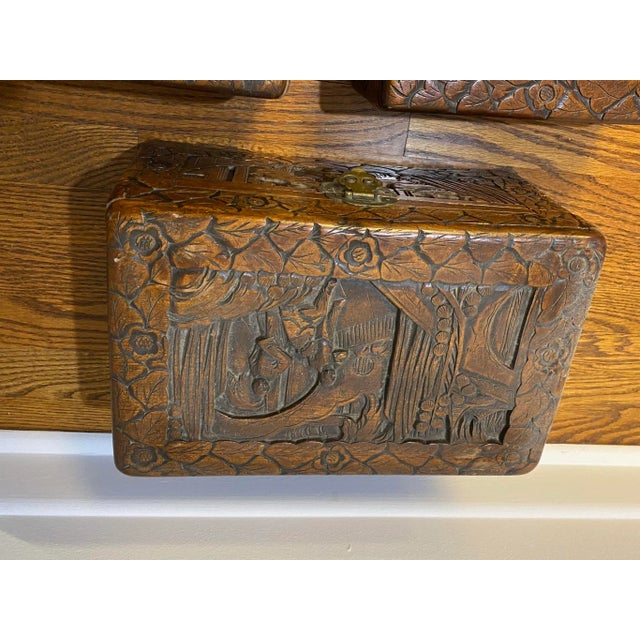 Mid 20th Century Vintage Asian Large Handmade Carved Wooden Boxes Set of 3 For Sale - Image 4 of 10
