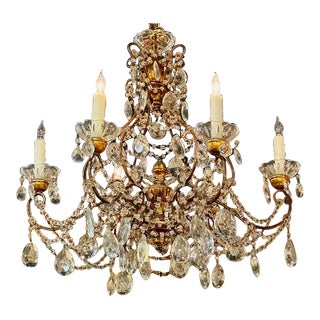Early 20th Century Italian Beaded and Crystal Giltwood Chandelier For Sale