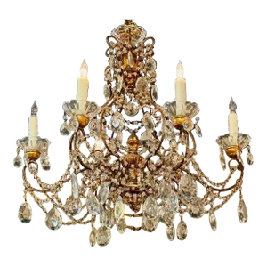 Early 20th Century Italian Beaded and Crystal Giltwood Chandelier