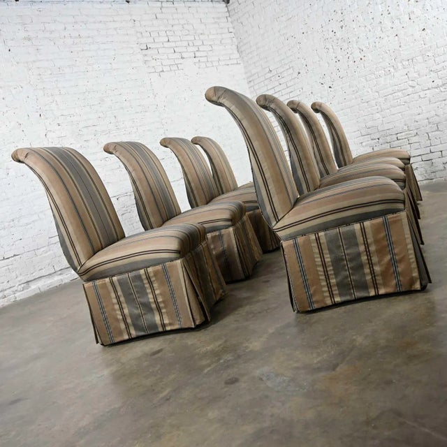 Late 20th Century Parsons Style Dining Chairs With Rolled Backs Skirted Striped Taffeta Fabric Ball Casters Set 8 For Sale - Image 5 of 13