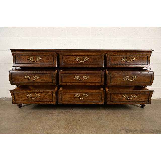1980s Baker Furniture French Provincial Louis XV Carved Oak and Burl Wood Triple Dresser or Credenza For Sale - Image 5 of 16