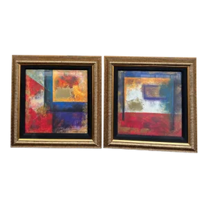 1970s Framed Abstract Art. Signed Kati Roberts - Set of 2