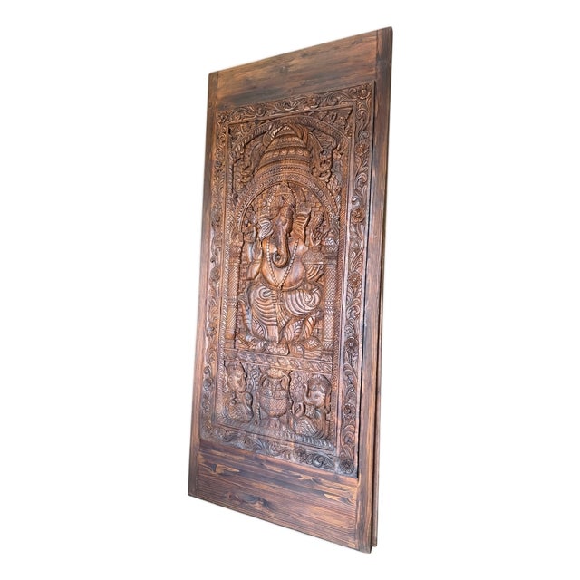 Vintage Ganesha Carved Wooden Door Panel – Indian Spiritual Wall Sculpture Art 94x43 For Sale