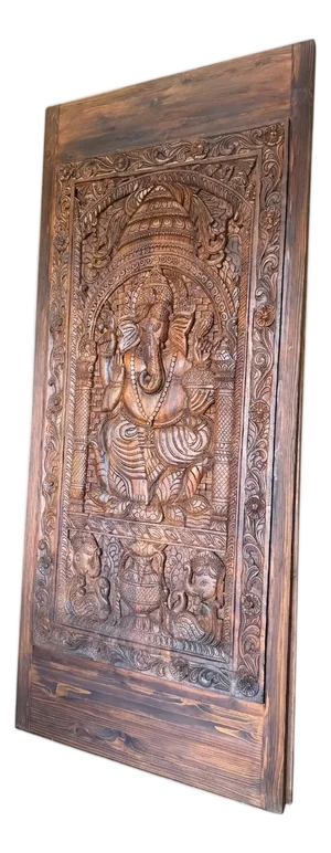 Vintage Ganesha Carved Wooden Door Panel – Indian Spiritual Wall Sculpture Art 94x43