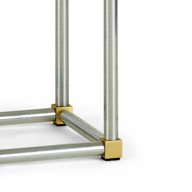 John Vesey Modern Aluminum and Brass Side Table With Glass Insert For Sale - Image 4 of 5