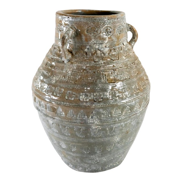 19th Century Korean Gray Ge-Yao Type Crackle Vase With Impressed Cranes For Sale