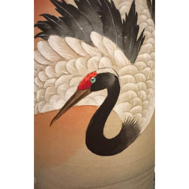 Pair of Vintage Japanese Hand-Painted Silk Crane Paintings, Signed, 45" For Sale - Image 11 of 16