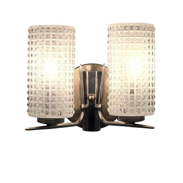 Mid-Century Modern Vintage Enameled Glass, Brass and Nickel Two Light Wall Sconce For Sale - Image 3 of 11