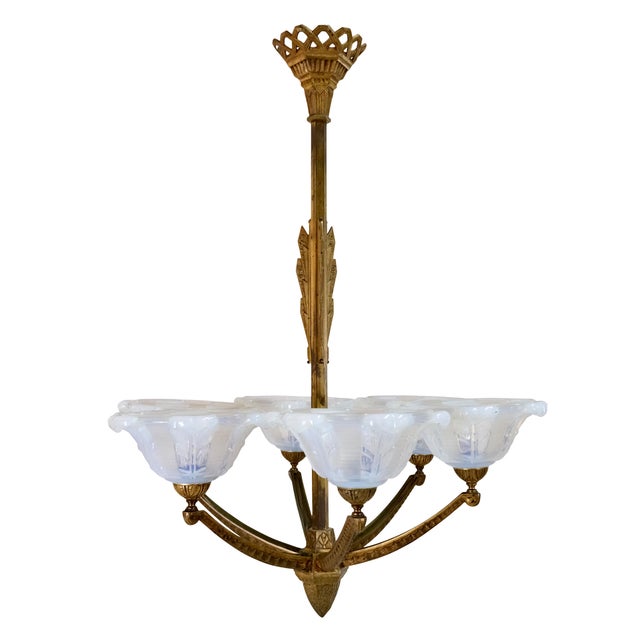 Ceiling Lamp with Bronze Mount and Opalescent Glass, 1930s For Sale - Image 11 of 11