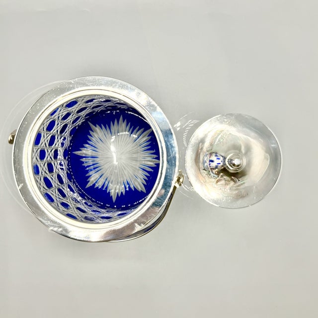 Mid-Century Modern Art Glass Jars with Blue Cut in Clear Crystal Biscuit Barrels with Silver-Plated Mounts, 1950s, Set of 2 For Sale - Image 17 of 18