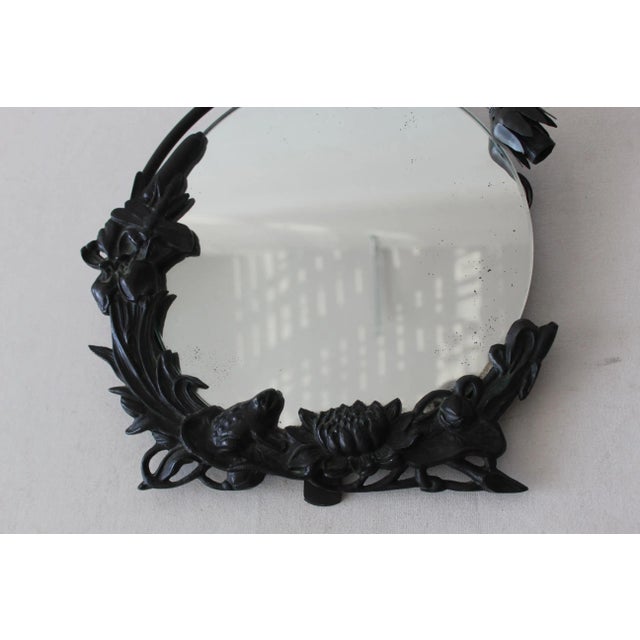 Metal Vintage Art Nouveau Style Bronze Table Top Mirror Flowers Frog Dragonfly Detail With Light For Sale - Image 7 of 13