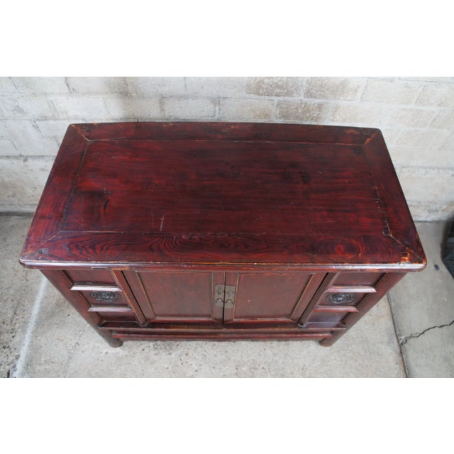 Late 19th Century Late 19th Century Antique Chinese Shanxi Ming Red Lacquer Elm Carved Chest Storage Trunk For Sale - Image 5 of 12