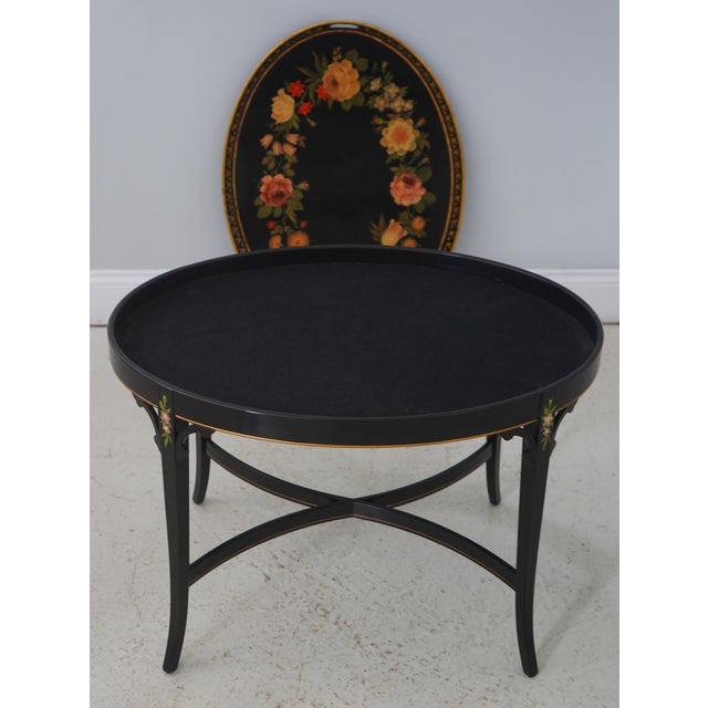 Vintage Black Lacquer Toleware Tray Top End Table For Sale - Image 9 of 16