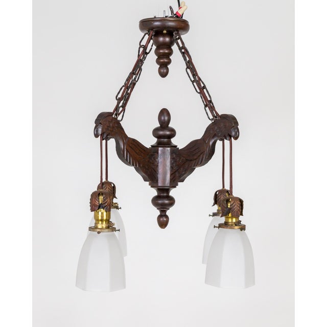 Early 20th Century Carved Wood Parrots Chandelier With Hanging Glass Shaded Lights For Sale - Image 4 of 13