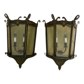 Mediterranean Italian Painted Tole Wall Lanterns, Made in Italy - Set of 2 For Sale
