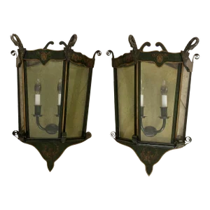Mediterranean Italian Painted Tole Wall Lanterns, Made in Italy - Set of 2