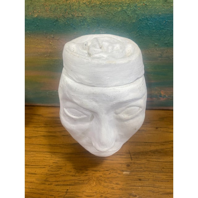 Boho Chic White Plaster Face Jar With Lid For Sale - Image 3 of 10