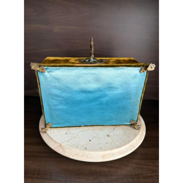 Mustard Antique Victorian Jewelry Box “Boudoir” or Sewing Box in Mustard/ Golden/ Green Velvet, Inside Blue Silk From the Early 20th Century For Sale - Image 8 of 10