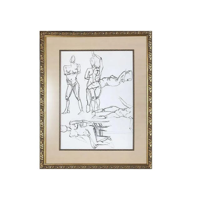 Unsigned pair of pencil on-paper figural drawing panels of the nude female form, each page features a panel of 4 to 5...