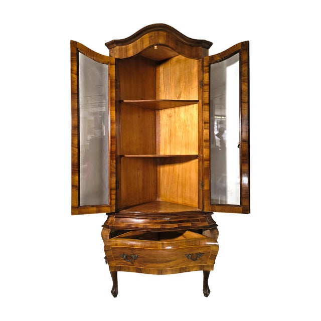 20th Century Italian Walnut Burl Corner Cabinet with Inlaid Wood and Glass Doors, 1890s For Sale - Image 3 of 9