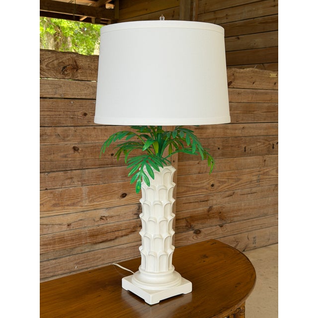 Vintage Italian Tole Palm Table Lamp With Sculptural White Ceramic Column Base For Sale - Image 12 of 12