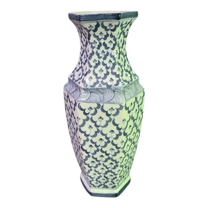 Vintage Hand Painted Asian Motif Blue & White Hexagonal Vase