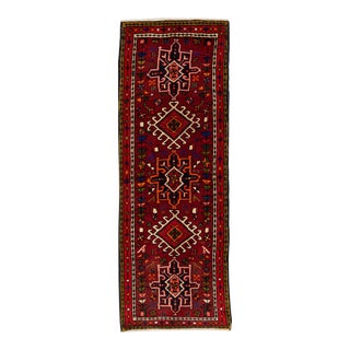 1960s Vintage Persian Heriz Red Handmade Medallion Wool Runner For Sale