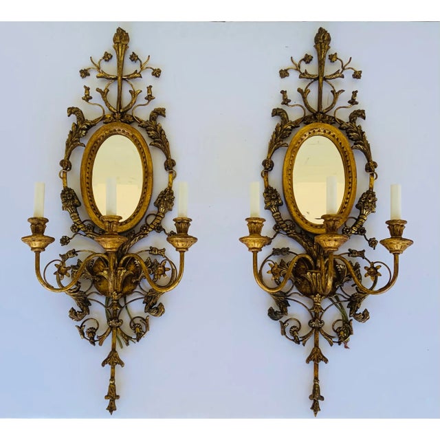 Myran Allan Luxury Lighting Italian Gold Carved Wood and Mirror Wall Sconces Pair For Sale - Image 9 of 9