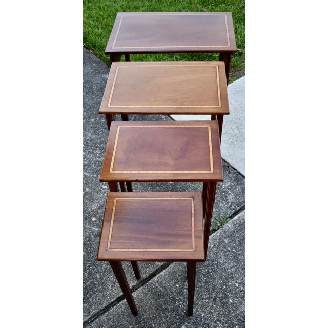 Inlaid Mahogany Nesting Tables Vintage Set of 4 Stacking Tables For Sale - Image 10 of 18