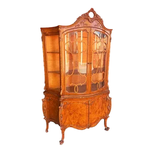 Romweber Louis XV Breakfront China Cabinet in Amber Burlwood - Vintage 1950s