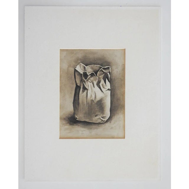 Rustic Early 20th Century Grisaille Still Life Watercolor Painting of Paper Bag For Sale - Image 3 of 4