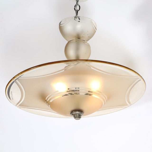1930s Art Deco Signed Daum Frosted Rose-Hue Saucer-Form Pendant Chandelier For Sale In New York - Image 6 of 18