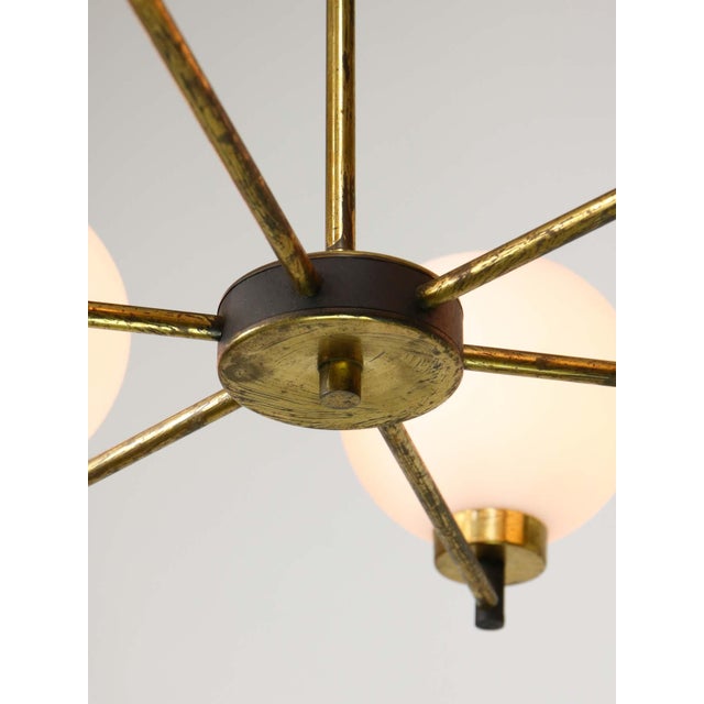 Goldenrod Mid-Century Modern Italian Brass and Opaline Chandelier For Sale - Image 8 of 16