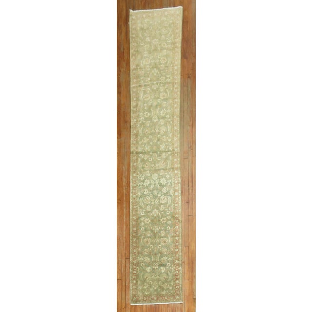 Brown Zabihi Collection Narrow Antique Persian Tabriz Brown Green Runner - 2'4" x 14' For Sale - Image 8 of 9