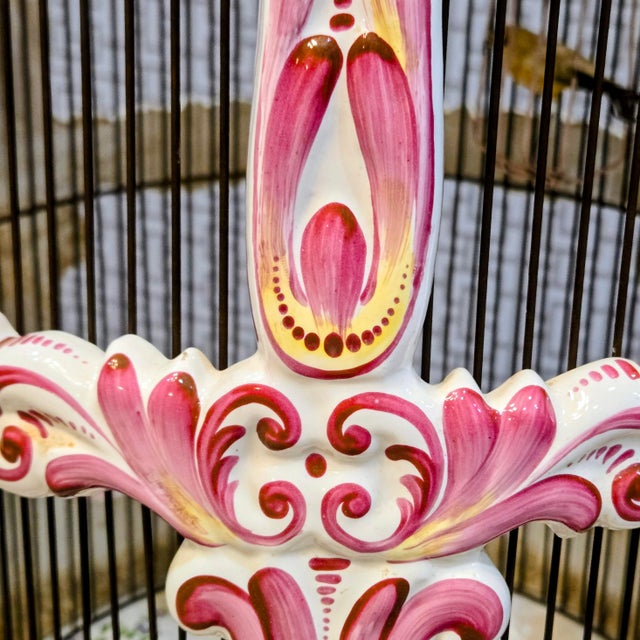 Large French Rococo Hand-Painted Porcelain Bird Cage With Original Floral Tray & Bird For Sale - Image 11 of 17