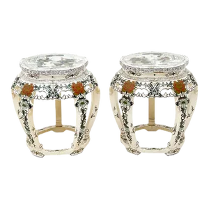 Pair of Decorated Lacquer Chinese Stools With Carved Hardstone Figures