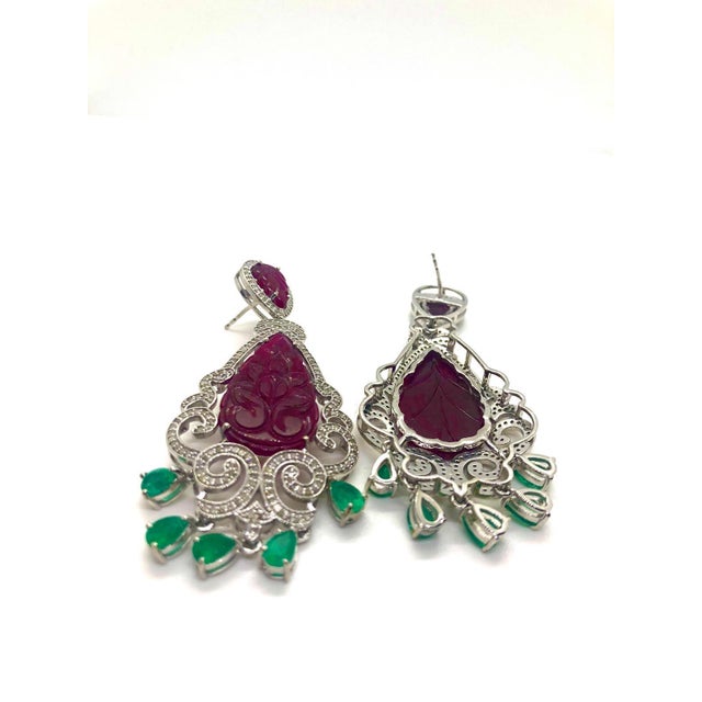 Bochic “Capri” Vintage Emerald, Ruby & Diamond Earrings Set In 18K Gold & Silver For Sale - Image 10 of 13