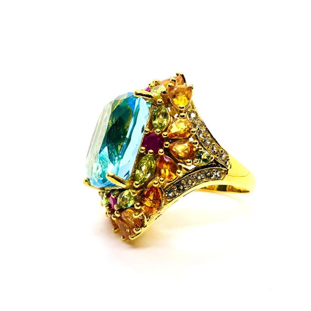 Bochic “Capri” Vintage Multi Fancy Sapphire and Blue Topaz Cocktail Ring — 18K Gold & Silver Signed Masterpiece •...