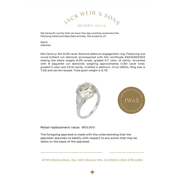 Silver Mid Century Gia 6.29 Carat Diamond Platinum Engagement Ring, Size 7.25 For Sale - Image 8 of 8