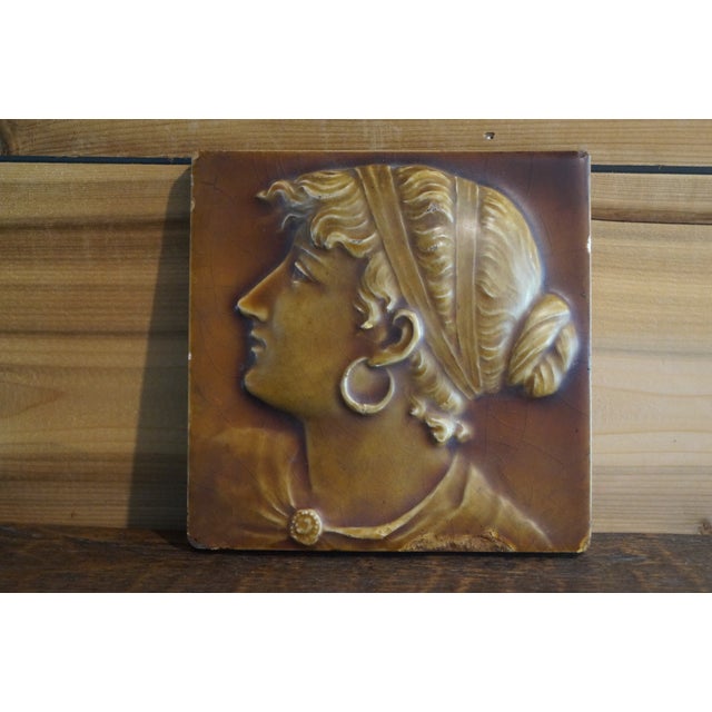 Mid 19th Century 19th Century Victorian Majolica Portrait Tile of a Woman For Sale - Image 5 of 9