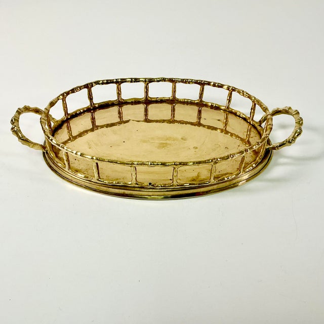 Hollywood Regency Mid-Century Hollywood Regency Coastal Boho Chic Oval Faux Bamboo Brass Tray, Mottahedeh Attributed For Sale - Image 3 of 13