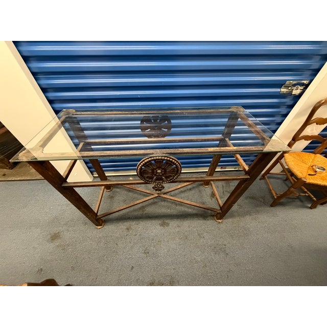 Vintage Brass & Glass Console Table – Ornate Metal Base With Floral Medallion Detail For Sale - Image 10 of 10