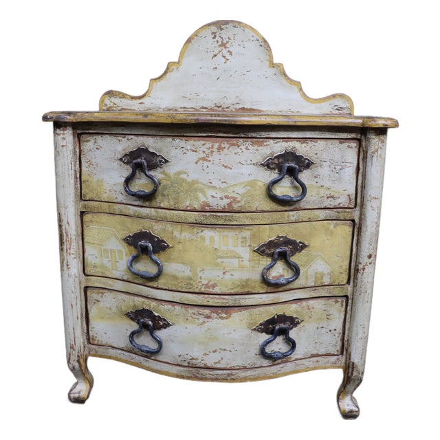 Italian Style Painted Three Drawer Commode With Scenic Decoration For Sale