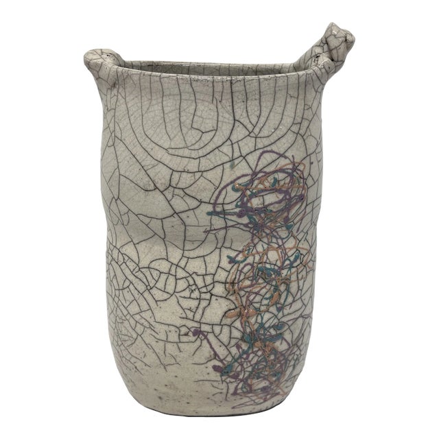Postmodern Crackled Glaze Studio Pottery Vase With Colorful Design, 1980s For Sale