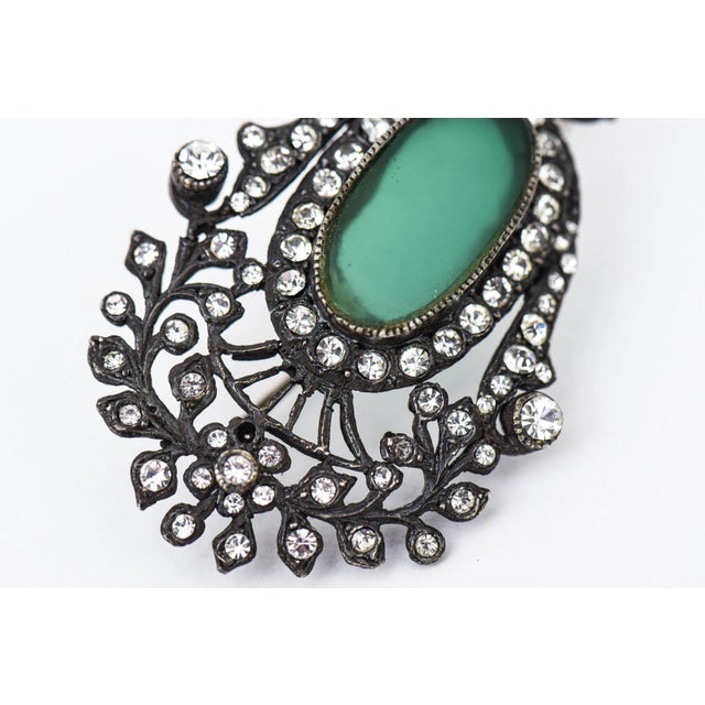 Vintage Czech Rhinestone, Rhodium, Silver, Green Glass Dangle Pierced Earrings - 2 Pieces For Sale - Image 4 of 10