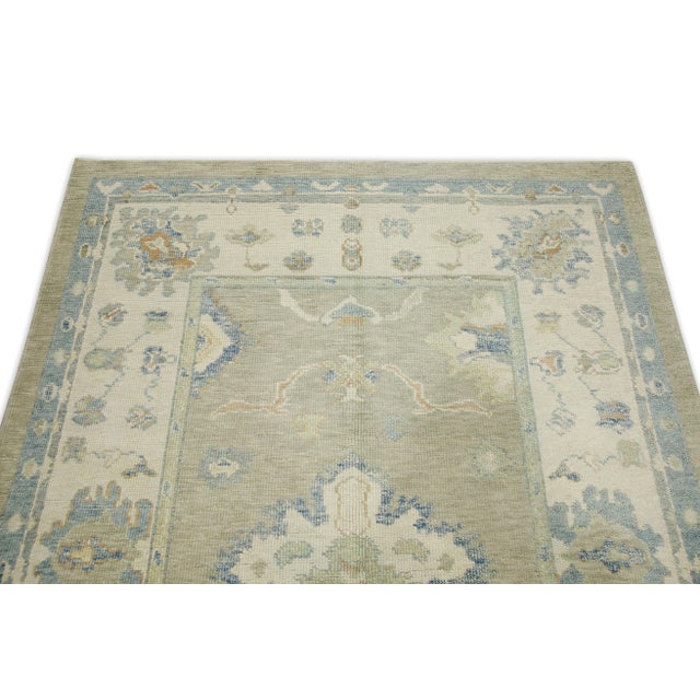 Early 21st Century Green & Blue Floral Design Handwoven Wool Turkish Oushak Rug 5'1" X 6'9" For Sale - Image 4 of 7